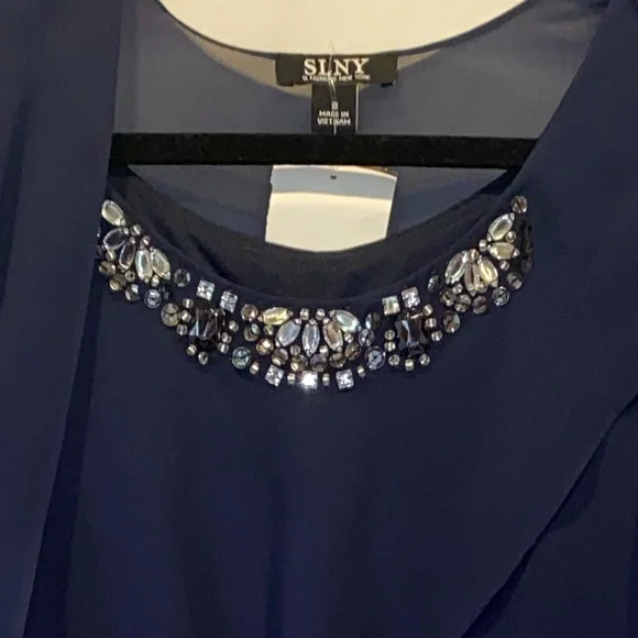 💙 SLNY SL Fashion New York Embellished Navy Tiered Chiffon Dress & Capelet  NWT - Picture 3 of 10